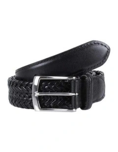Stretch Plaited Leather Belt in Black