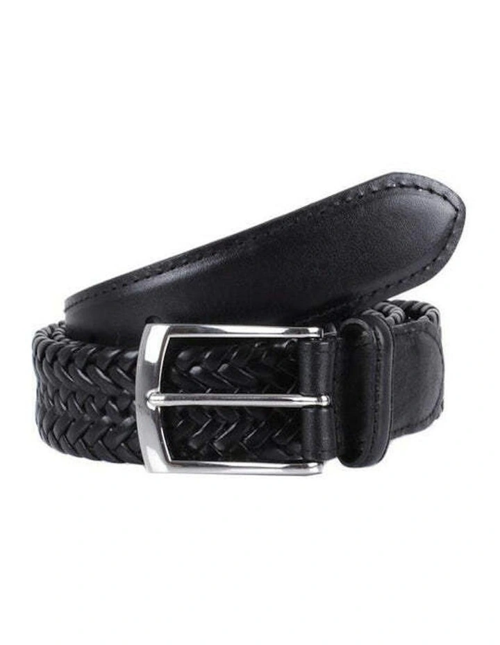 Stretch Plaited Leather Belt in Black image 1