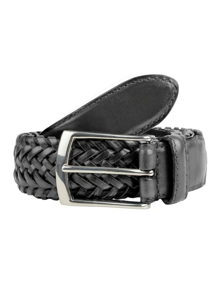 Stretch Plaited Leather Belt in Black image 3