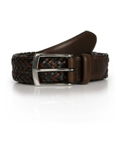 Stretch Plaited Leather Belt in Brown/Navy