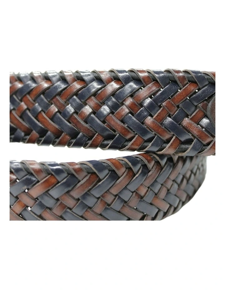 Stretch Plaited Leather Belt in Brown/Navy image 3