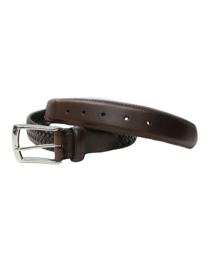 Stretch Plaited Leather Belt in Brown/Navy image 4