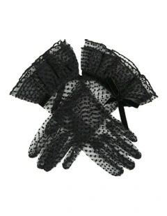 Spotty Tulle Gloves with Double Cuff and Bow in Black