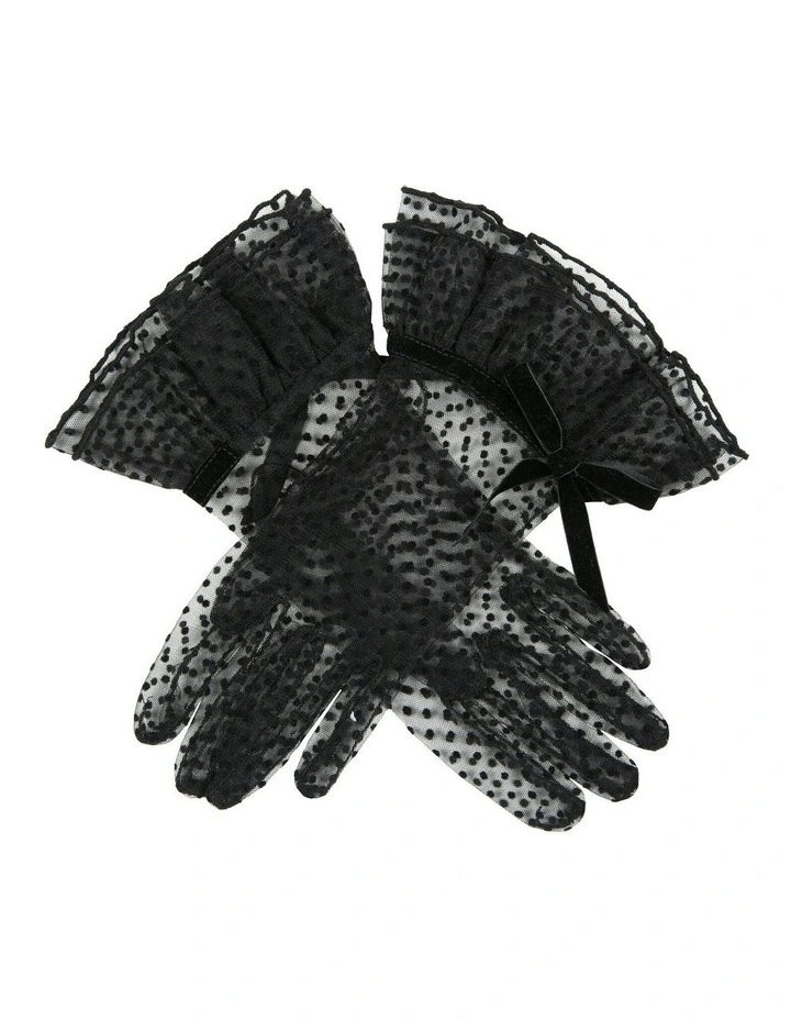 Spotty Tulle Gloves with Double Cuff and Bow in Black image 1