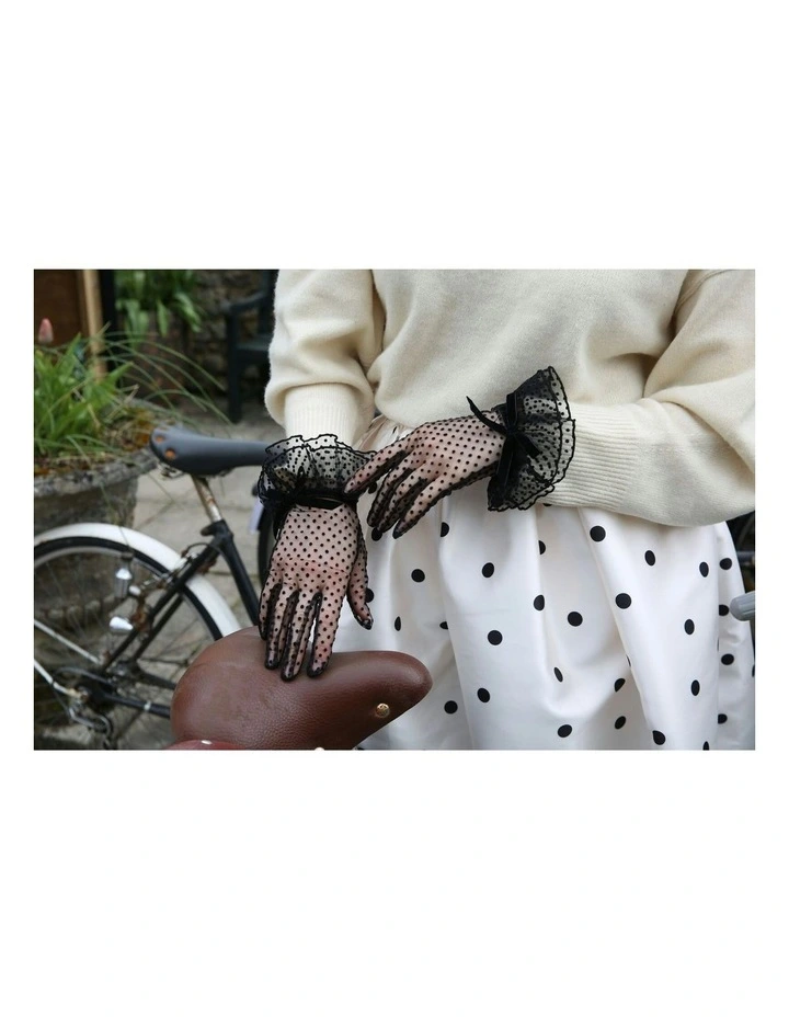 Spotty Tulle Gloves with Double Cuff and Bow in Black image 2