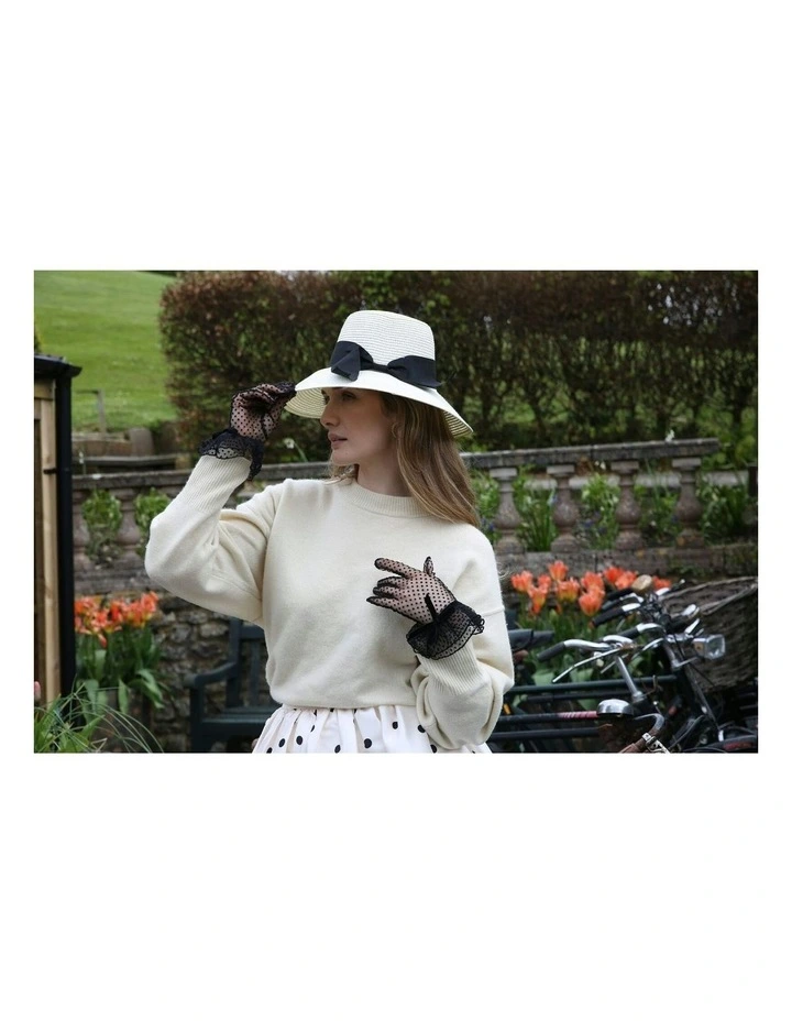 Spotty Tulle Gloves with Double Cuff and Bow in Black image 4