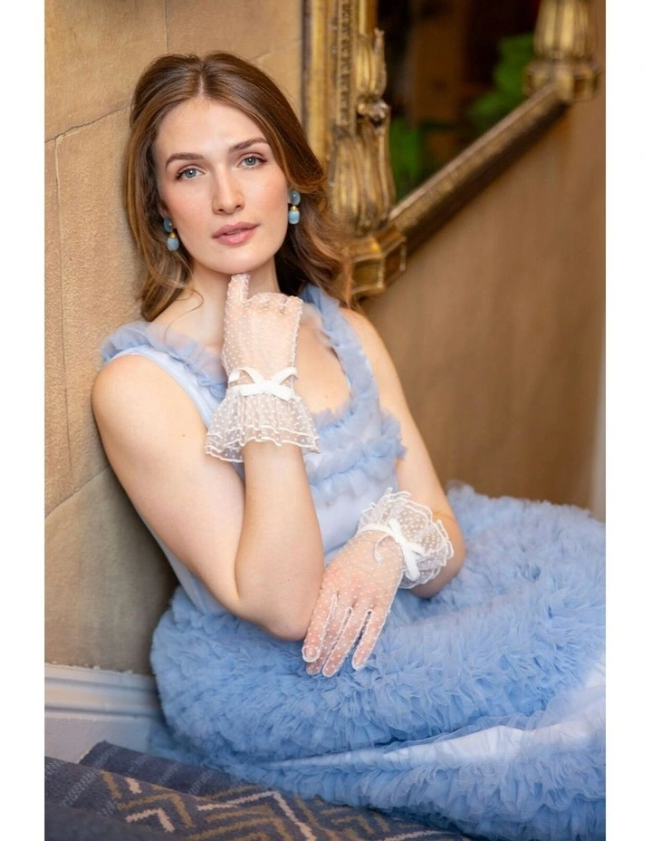 Spotty Tulle Gloves with Double Cuff and Bow in Ivory image 2