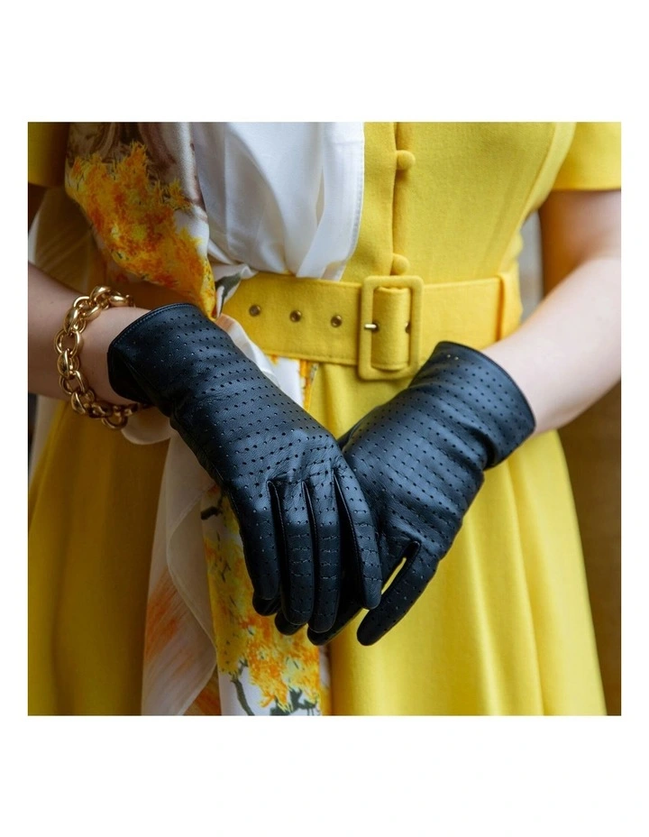 Perforated Leather Gloves in Black image 3