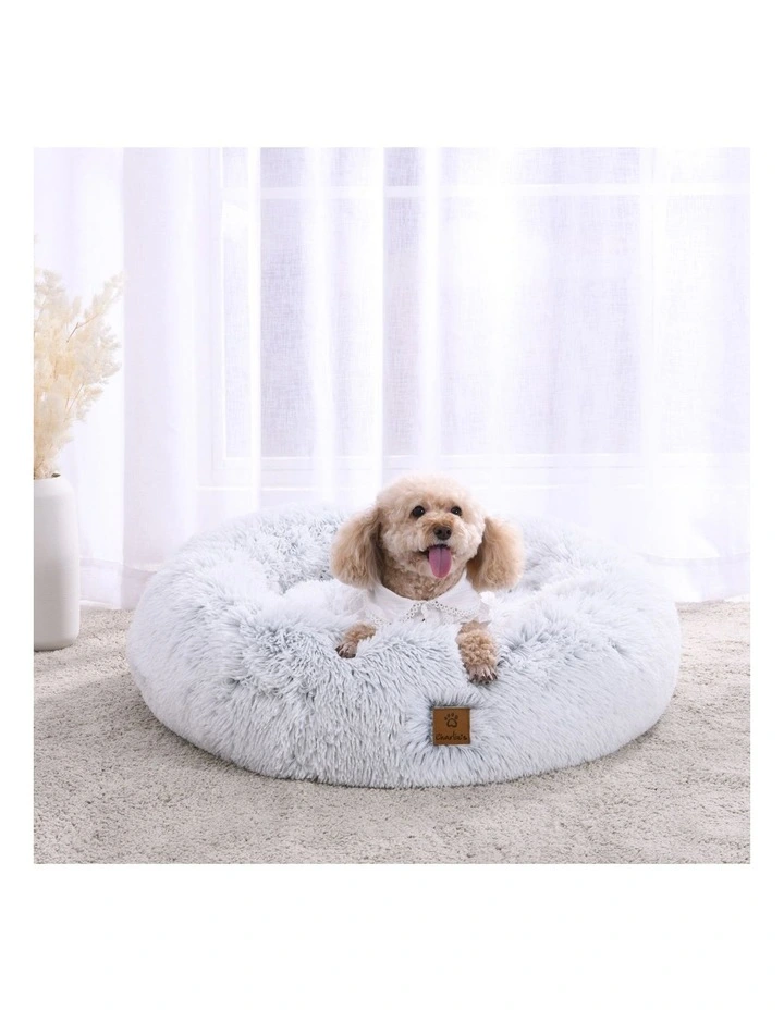 Shaggy Faux Fur Round Calming Dog Bed in Grey image 2
