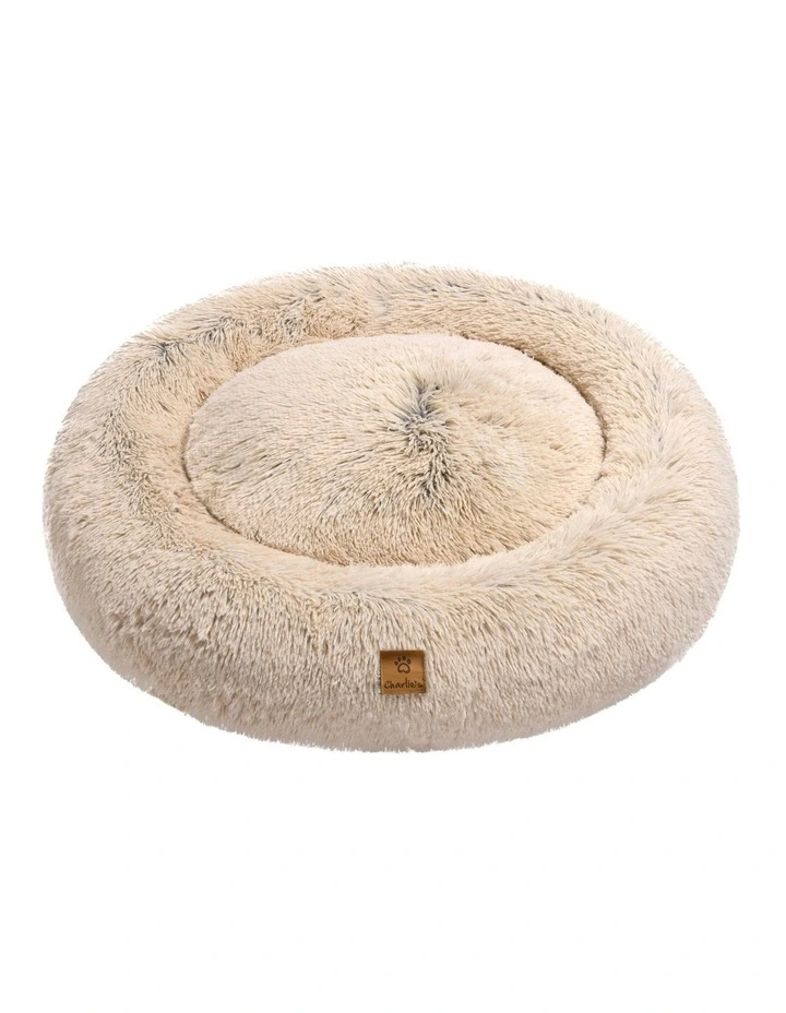 Shaggy Faux Fur Round Calming Dog Bed in Cream image 1