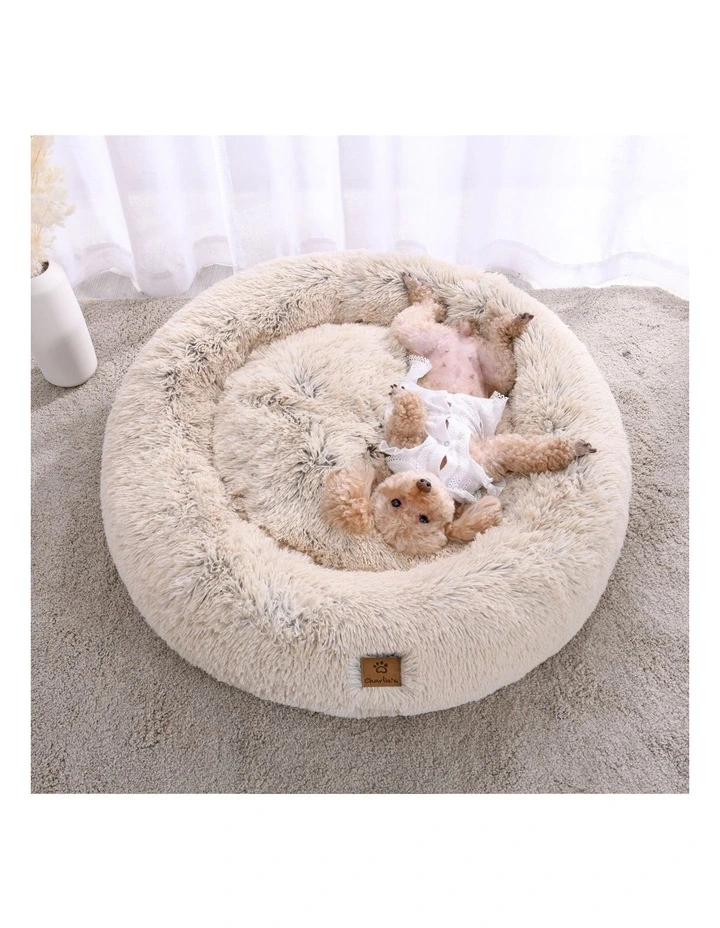 Shaggy Faux Fur Round Calming Dog Bed in Cream image 6