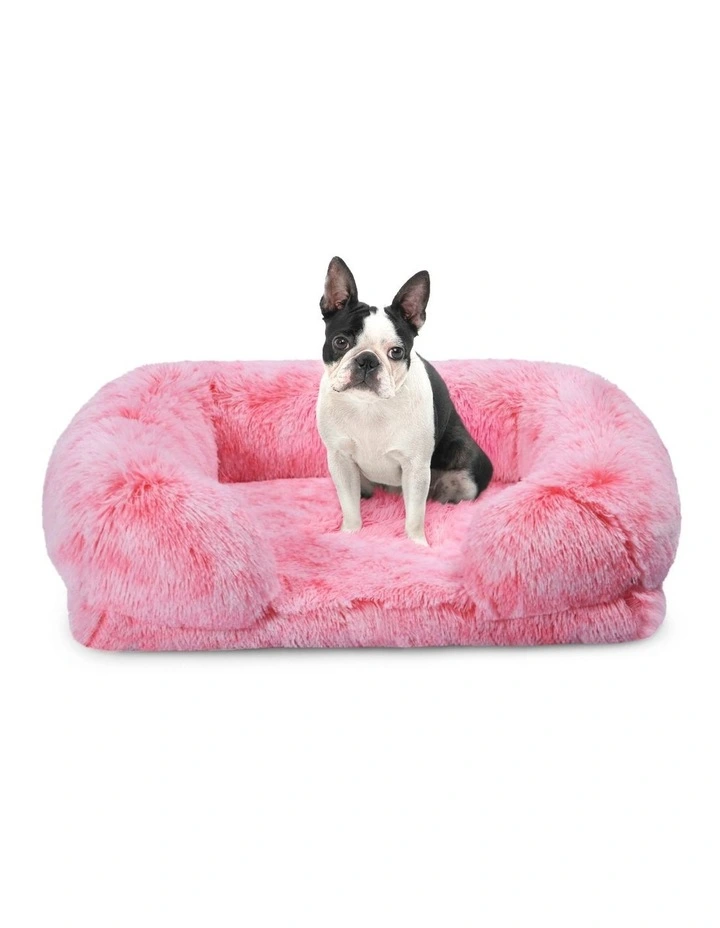 Shaggy Memory Foam Sofa Dog Bed With Bolster in Ombre Pink image 1