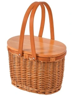 Yarra Oval Wicker Picnic Basket with Lid in Tanned