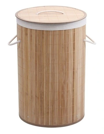 Round Collapsible Bamboo Laundry Hamper With Polycotton Bag in Natural Brown