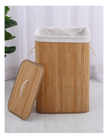 Rectangular Collapsible Bamboo Laundry Hamper With Polycotton in Natural Brown