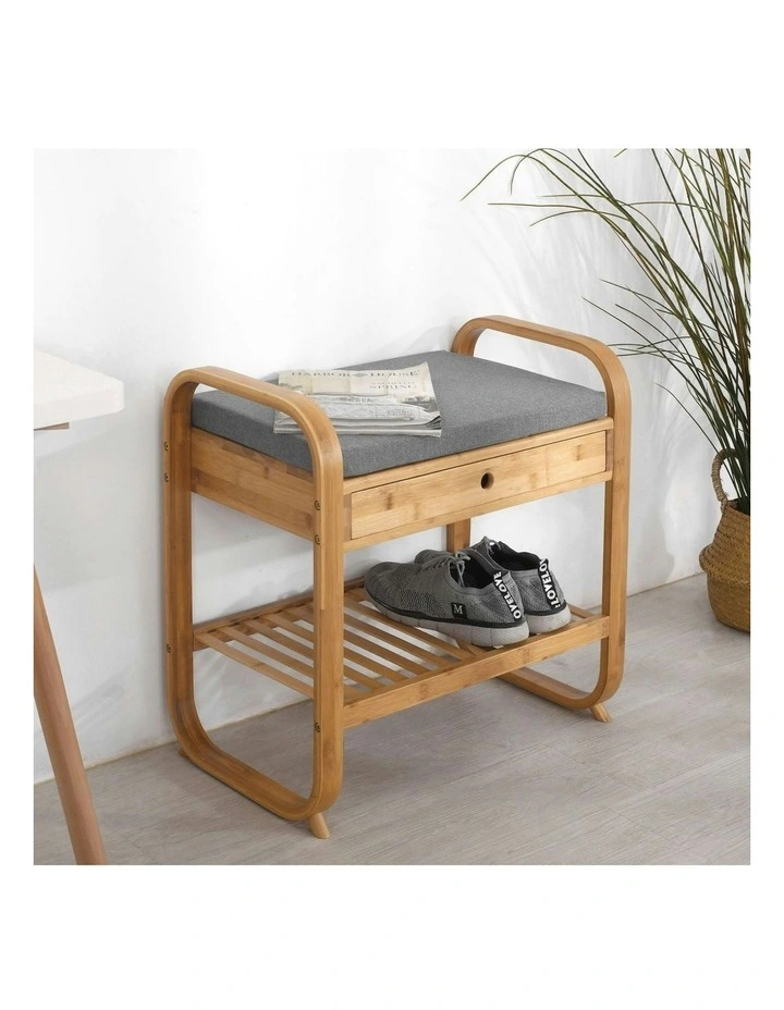 Natural Bamboo Seated Shoe Storage Rack and Organiser with Bench 60x34x55cm in Brown image 2