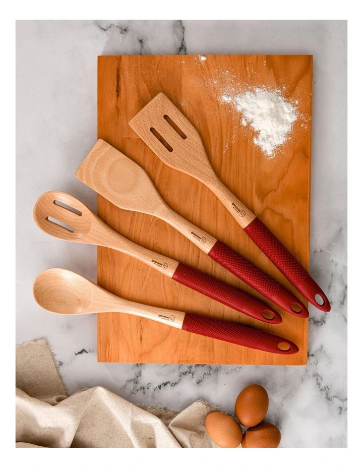 Rustic Beech Wood Kitchen Utensil Set with Silicone Grip 4 Piece in Red image 2