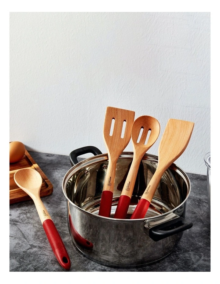 Rustic Beech Wood Kitchen Utensil Set with Silicone Grip 4 Piece in Red image 5