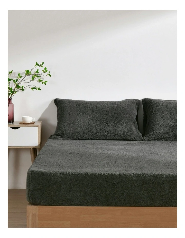 Jasper Teddy Fleece Combo Fitted Sheet Set in Charcoal image 1