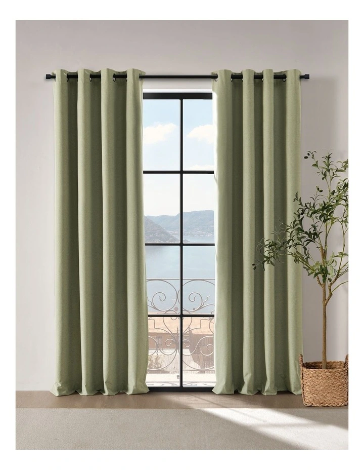 Bennett Faux Linen Blockout Eyelet Curtain 90x223cm Twin Pack in Moss image 1