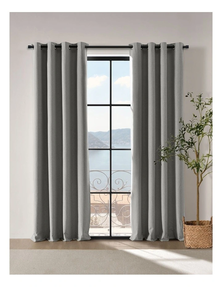 Bennett Faux Linen Blockout Eyelet Curtain 90x223cm Twin Pack in Steel image 1