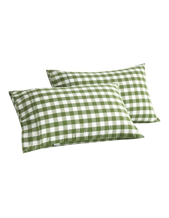 Lola Gingham Washed Cotton Standard Pillowcase Twin Pack in Olive image 6