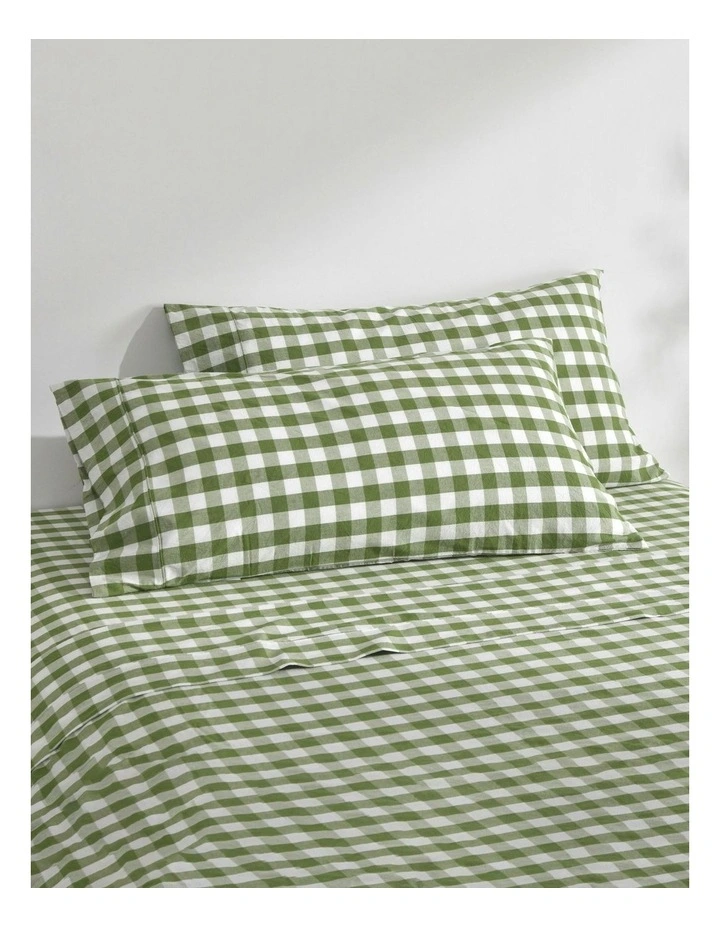 Lola Gingham Washed Cotton King Pillowcase Twin Pack in Olive image 1