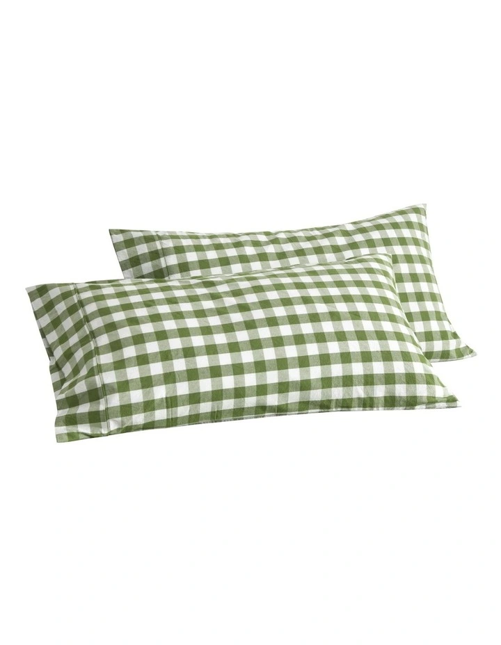 Lola Gingham Washed Cotton King Pillowcase Twin Pack in Olive image 6
