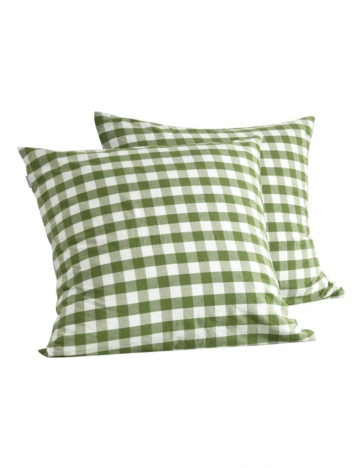 Lola Gingham Washed Cotton Euro Pillowcase Twin Pack in Olive image 4