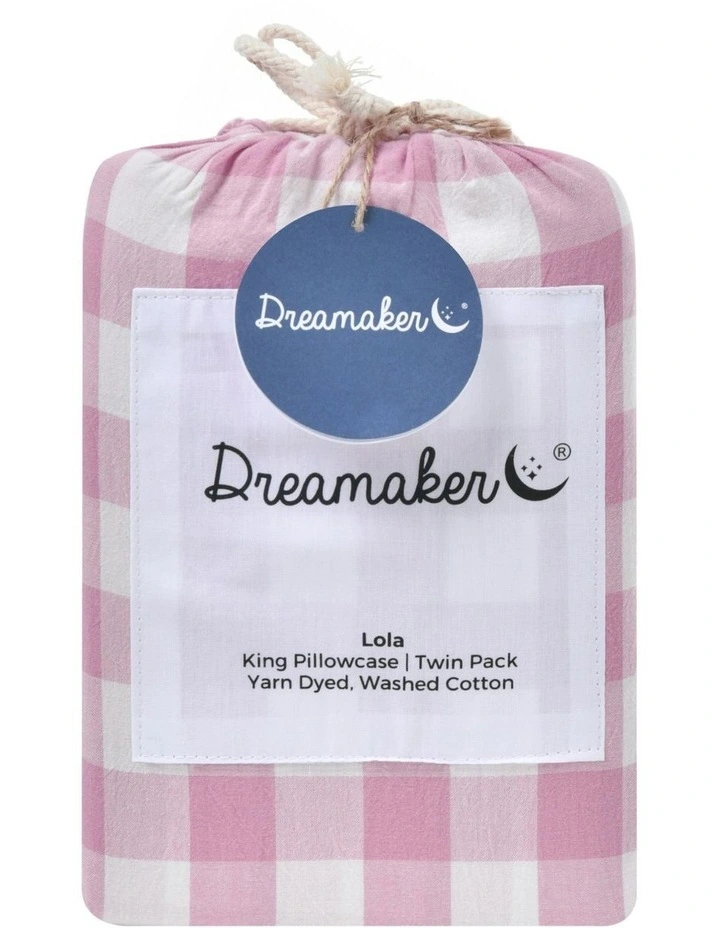 Lola Gingham Washed Cotton King Pillowcase Twin Pack in Pearl Pink image 5