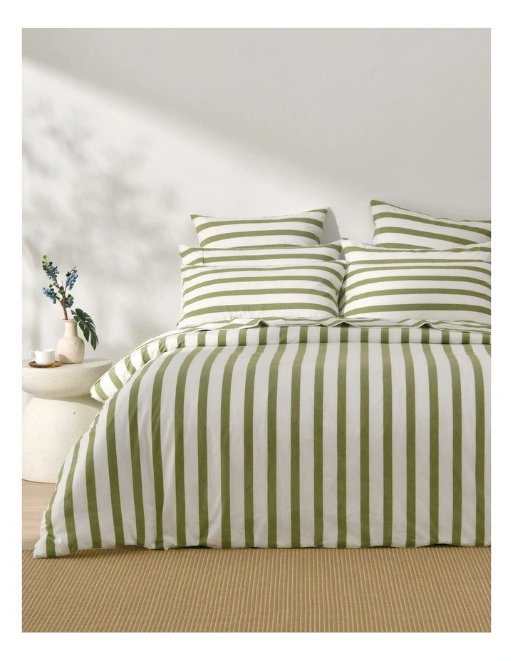 Cove Washed Cotton Yarn Dyed Wide Stripe Quilt Cover Set in Olive image 1