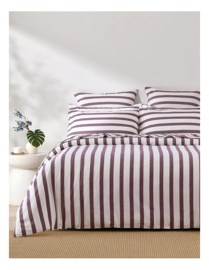 Cove Washed Cotton Yarn Dyed Wide Stripe Quilt Cover Set in Plum image 1