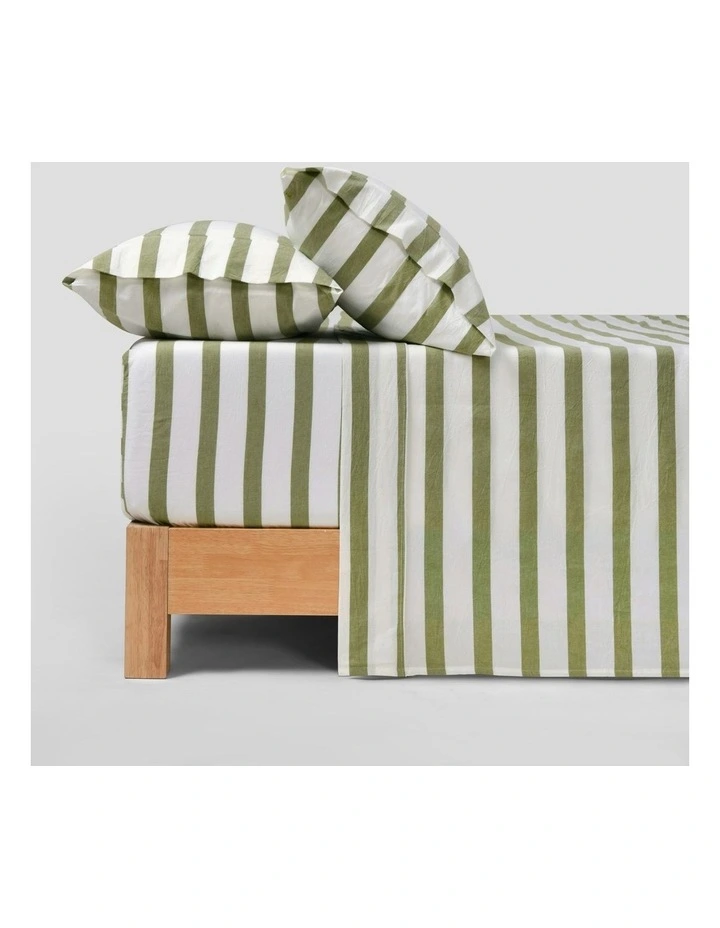 Washed Cotton Yarn Dyed Wide Stripe Sheet Set in Olive image 1