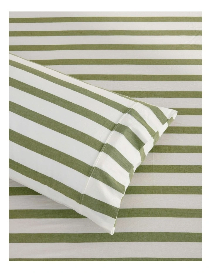 Washed Cotton Yarn Dyed Wide Stripe Sheet Set in Olive image 3