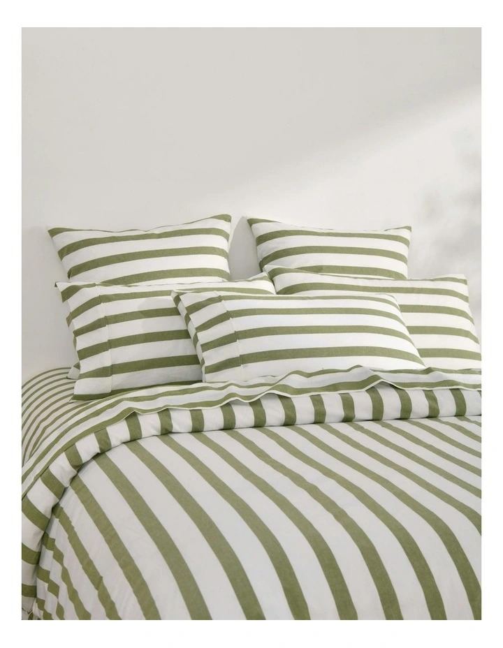 Washed Cotton Yarn Dyed Wide Stripe Sheet Set in Olive image 6