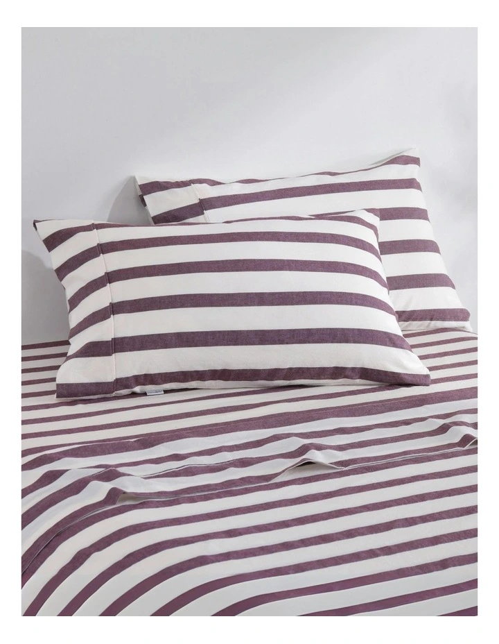Washed Cotton Yarn Dyed Wide Stripe Sheet Set in Plum image 2