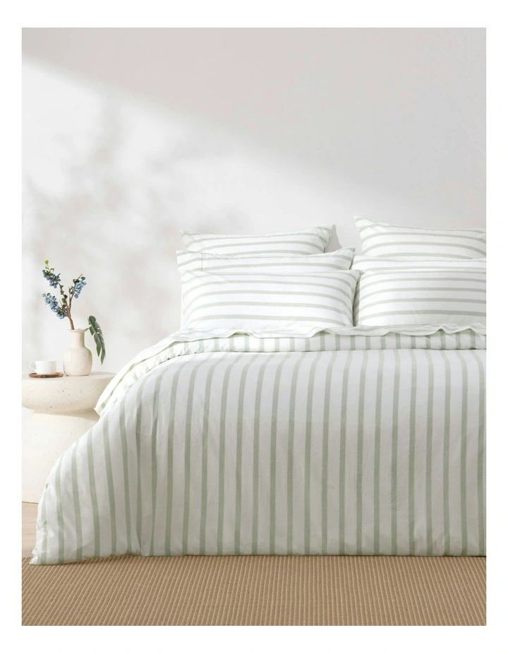 Bask Stripe Washed Cotton Quilt Cover Set in Sage image 1