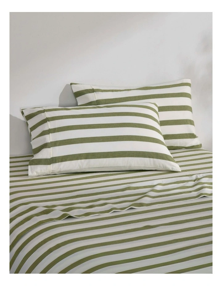 Cove Washed Cotton Yarn Dyed Wide Stripe Pillowcase Twin Pack in Olive image 1