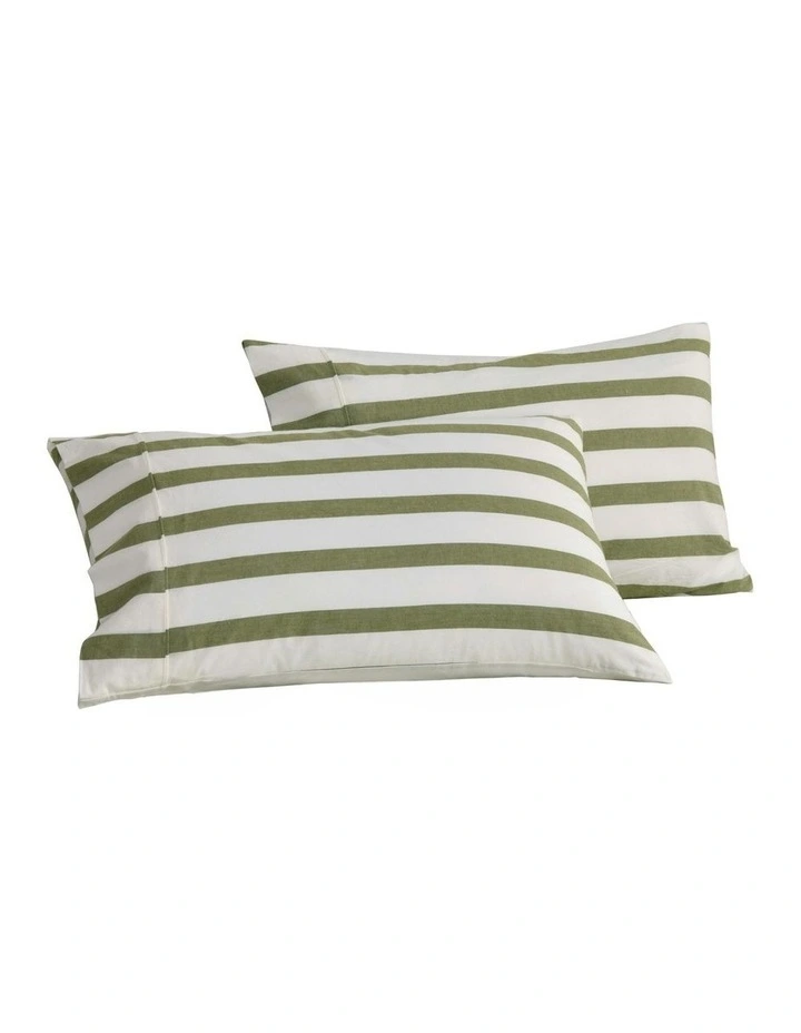 Cove Washed Cotton Yarn Dyed Wide Stripe Pillowcase Twin Pack in Olive image 6