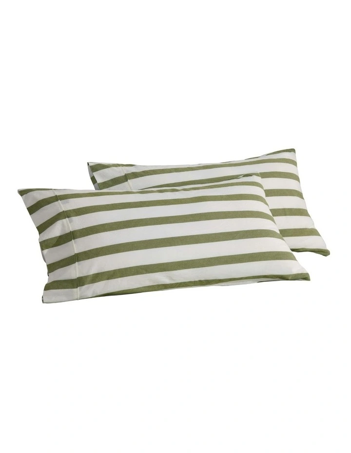 Cove Wide Striped Washed Cotton King Pillowcases Twin Pack in Olive image 6