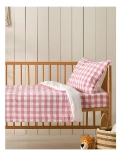 Washed Cotton Yarn Dyed Gingham Cot Quilt Cover Set in Pink Pearl