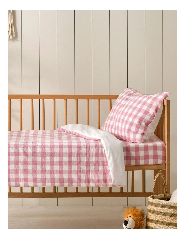 Washed Cotton Yarn Dyed Gingham Cot Quilt Cover Set in Pink Pearl image 1