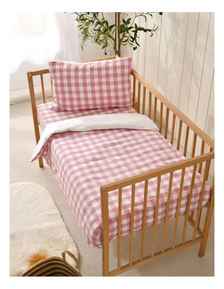 Washed Cotton Yarn Dyed Gingham Cot Quilt Cover Set in Pink Pearl image 3