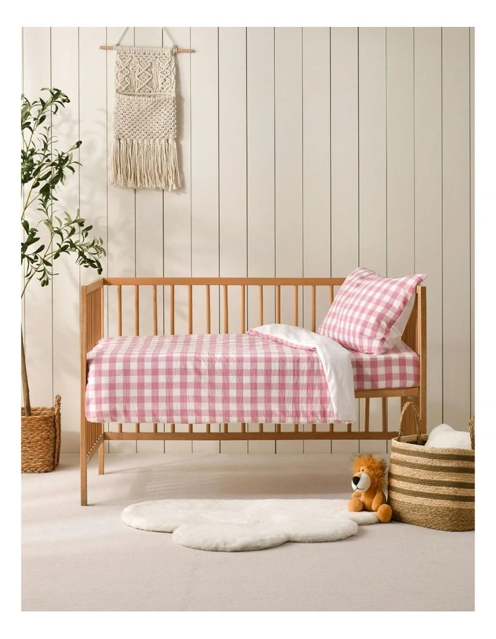 Washed Cotton Yarn Dyed Gingham Cot Quilt Cover Set in Pink Pearl image 6