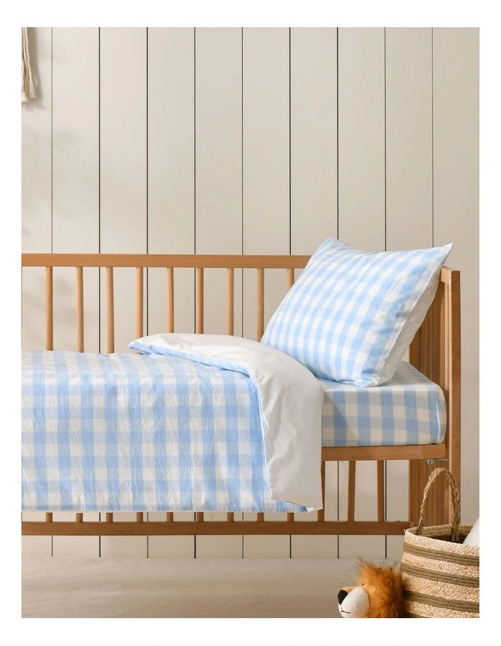 Washed Cotton Yarn Dyed Gingham Quilt Cover Set in Sky Cot image 1