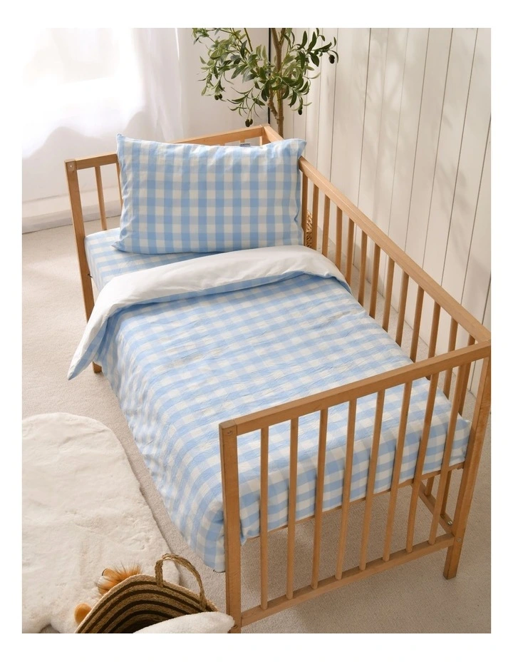 Washed Cotton Yarn Dyed Gingham Quilt Cover Set in Sky Cot image 3