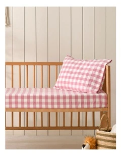 Washed Cotton Yarn Dyed Gingham Fitted Large Cot Sheet Set in Pink Pearl