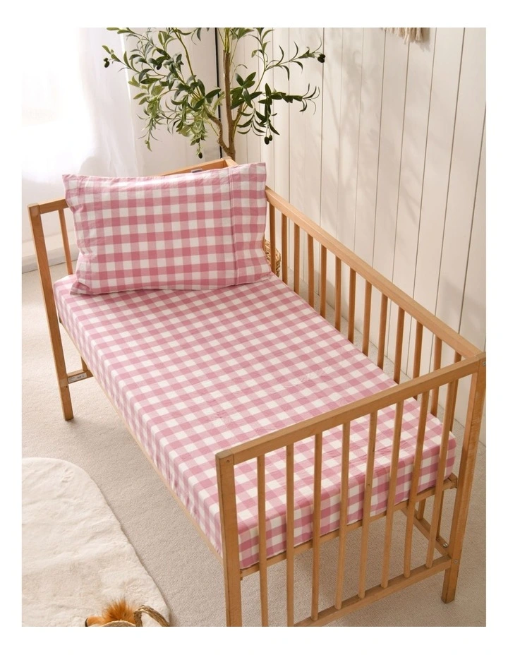 Washed Cotton Yarn Dyed Gingham Fitted Large Cot Sheet Set in Pink Pearl image 5