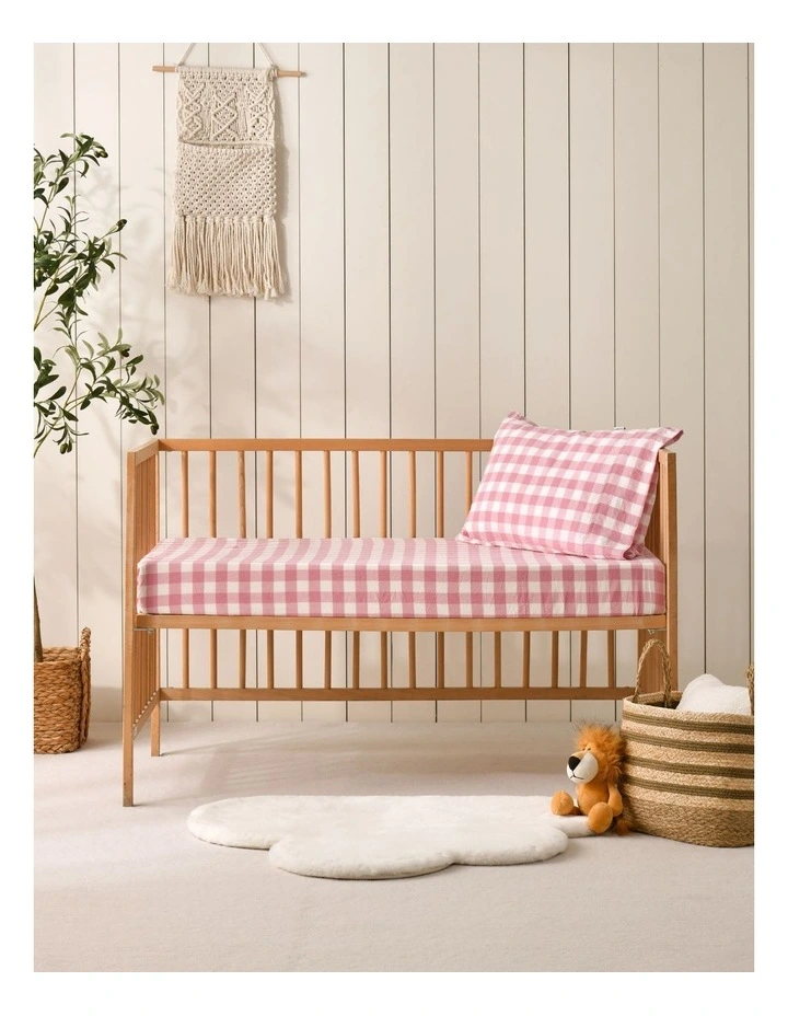 Washed Cotton Yarn Dyed Gingham Fitted Large Cot Sheet Set in Pink Pearl image 6