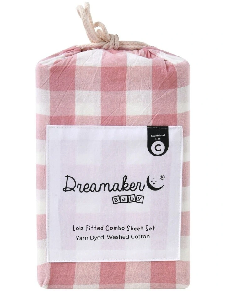 Washed Cotton Yarn Dyed Gingham Fitted Large Cot Sheet Set in Pink Pearl image 7